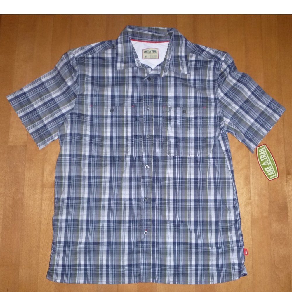 Mens Lake & Trail Plaid Wicking Sports Shirt Size Medium Fast Dri Nylon UPF+ NWT